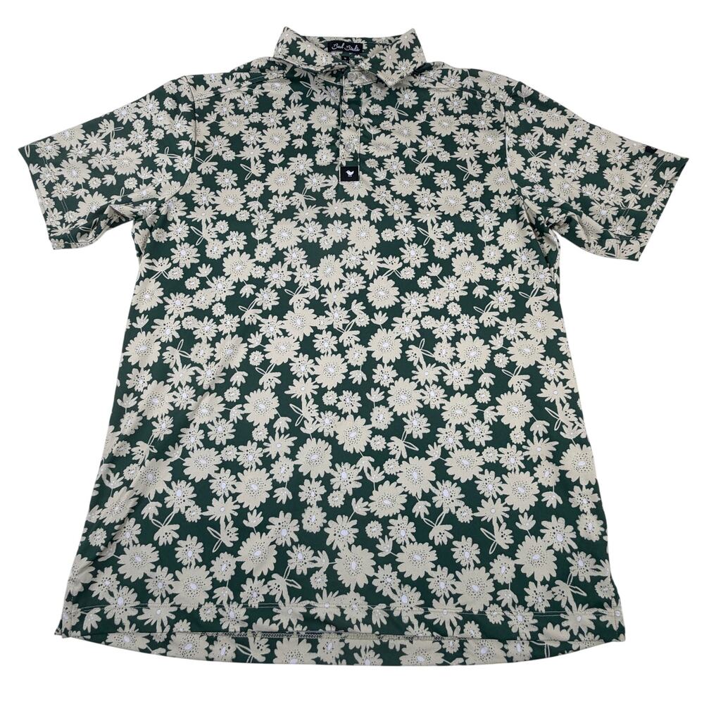 Bad Birdie Core Performance Golf Polo Shirt Flower Print Green White Men Sz M